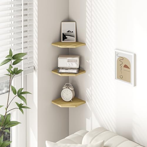 Corner Shelf Wall Mount, Floating Corner Shelves, Set of 3 Corner Wall Shelf Organizer, Rustic Wood Wall Storage Display Shelves for Living Room Bedroom Bathroom Kitchen, Rustic Brown, Oak