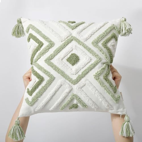 Boho Pillow Covers 18X18 Inch Boho Tufted Throw Pillow Covers Decorative Tassels Cushion Cover Farmhouse Pillow Case for Couch Sofa Bed Living Room Bedroom, Green