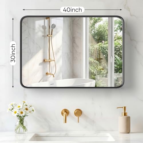 NEWBULIG 30"x40" Wall Mirror, Bathroom Mirrors for Over Sink, Black | Matte Metal Framed Vanity Mirror with Tempered Glass, Entryway, Living Room, Bedroom