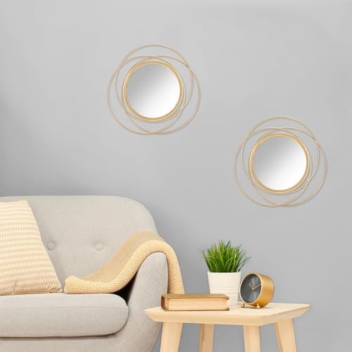 2 Pcs Decorative Circle Wall Mirror Gold Round Modern Mirrors Wall Art Ring Metal Wall Decor Wall Mounted Mirror for Bedroom Living Room Entryway Hallway