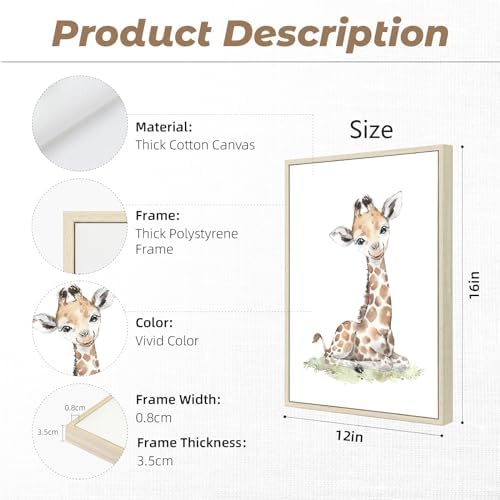 Safari Nursery Wall Art Decor Baby Animal Canvas Wall Art Woodland Nursery Wall Decor Kids Jungle Animal Pictures Safari Giraffe Elephant Tiger Prints for Room Bedroom Set of 4 12x16 Inch Framed