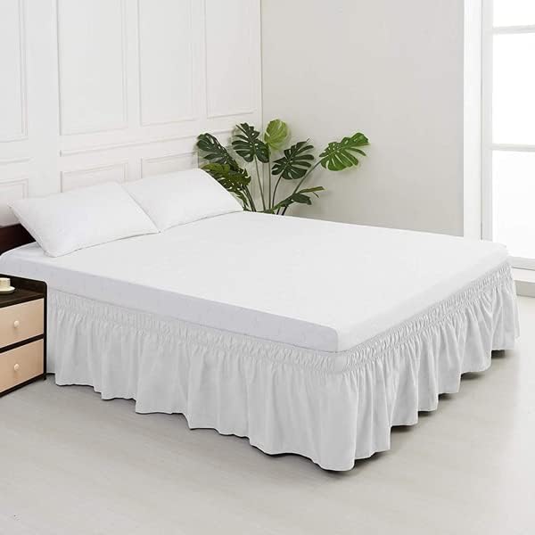 MEILA Wrap Around Elastic Bed Skirt for Queen & King Beds, 18" Drop,White | Three-Side Adjustable Elastic Dust Ruffle, Ruffled Polyester Fabric, Easy to Install, Fade Resistant & Machine Washable