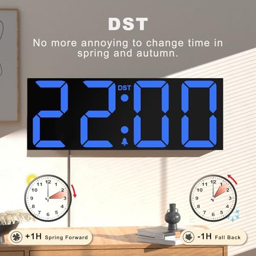 JALL 22" Large Digital Wall Clock, Big LED Number Dispaly, DST, Night Light for Classroom, Living Room, Bedroom, Mounted, Birthday Xmas Gift for Senior, Mem Womem Mom Dad, Blue