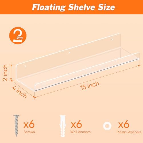 Dooiclear 2 Pack Floating Shelves for Wall, 15" Clear Floating Wall Shelf