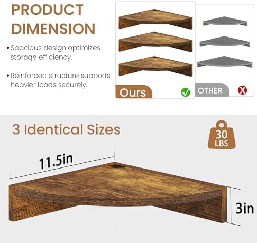 Fun Memories Corner Shelf Wall Mount, Wood Floating Corner Shelves, Corner Wall Shelf for Bedroom, Bathroom, Kitchen, Living Room (Brown, 3 Pack)