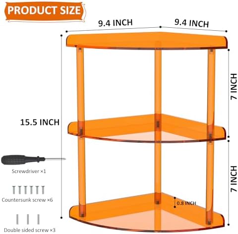 Sezanrpt 3 Tier Acrylic Corner Shelf Organizer Storage 9.5x9.5x15.7 Inch, Orange Countertop Corner Shelf for Bathroom, Kitchen, Bedroom, Office, Study Room