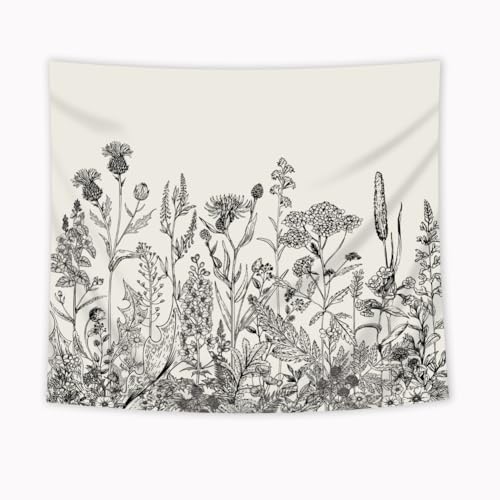 Riyidecor Floral Tapestry Wall Hanging Home Decor 59Wx51H Inch Vintage Blossom Flower Living Room Decor for Men Women Modern Aesthetic Sketch Botanical Plant Herbs Nature for Bedroom Dorm