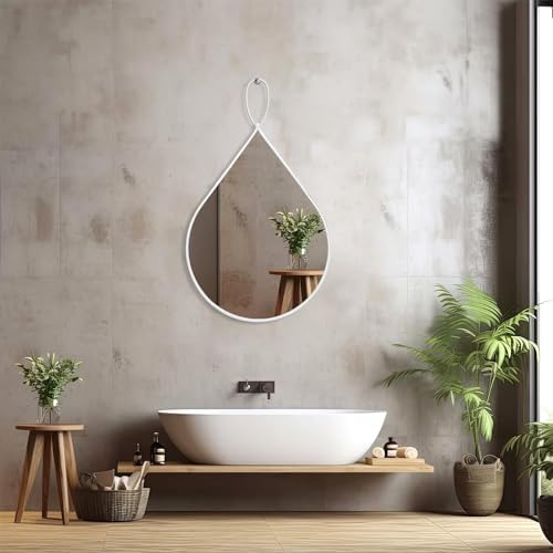 Small Decorative Mirror White Teardrop Mirrors with Metal Framed Oval Irregular Wall Mirrors Modern Accent Mirror for Wall Decor Living Room Bathroom Entryway Hallway Hanging 16x20 Inches