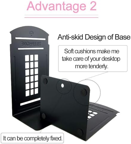 MerryNine 4 Pack Book Ends, Metal Bookends for Shelves, Telephone Booth Decorative Bookends, Non Skid Heavy Bookends, Book, Magazine or CD Organizers for Home and Office (Black-4pcs)