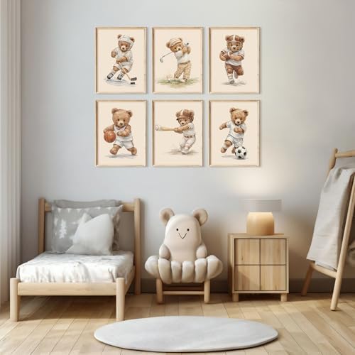 Joocrise Nursery Teddy Bear Wall Decor Boy Room Wall Art Baby Canvas Prints Vintage Sports Decor Pictures Teddy Bear Poster Nursery Painting for Playroom Bedroom 12x16 Inch Unframed Set of 6