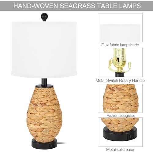 Coastal Table Lamps Set of 2, Retro Natural Seagrass Rattan Woven 24" Bedside Lamp, for Bedroom Living Room Home Nightstand Table Lamp(with USB C+A 5V 2.1A Charging Ports)