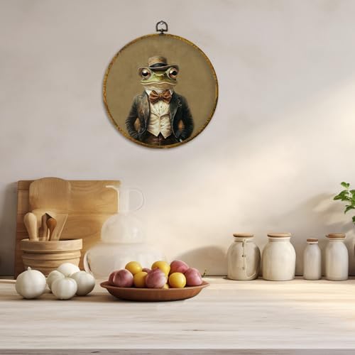 CUANFDDSF Vintage Frog Gentleman Round Wall Art, Dark Academia Whimsical Animal Framed Hanging Wall Decor, Retro Toad Frog Lover Gifts Canvas Prints Decorations for Home Living Room, 10x10 Inch