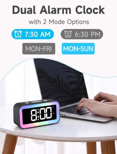 Cadmos Loud Alarm Clock for Bedrooms with Dynamic RGB Night Light,Heavy Sleepers Adults,Dual Alarm,Dimmer,USB Charger,Small Bedside Digital Clock with LED Display for Kids,Teens,Seniors (Black)