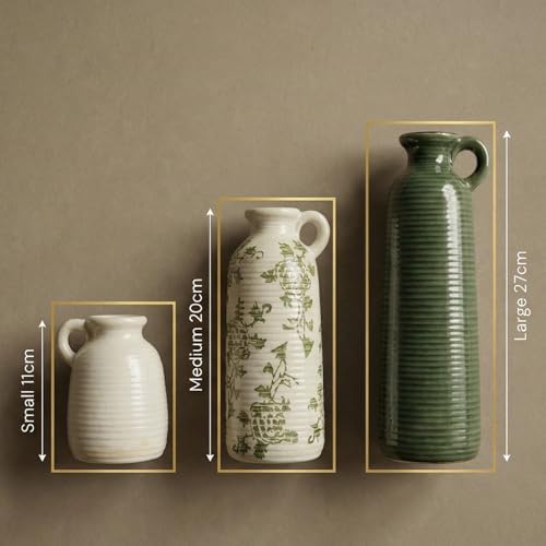 Ceramic Vase Set of 3 with Handles, Green White Neutral Rustic Modern Farmhouse Boho Decor, Versatile as Table Centerpiece or Mantel & Shelf Accent - Unique Home Gift Idea