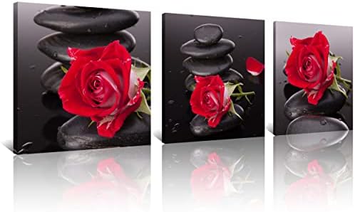 NAN Wind Red Canvas Wall Art Bedroom Wall Decor Black and White Zen Stones Spa Wall Art Rose Pictures for Living Room Kitchen Home Decorations Red Bathroom Accessories Flower Paintings Room Artwork