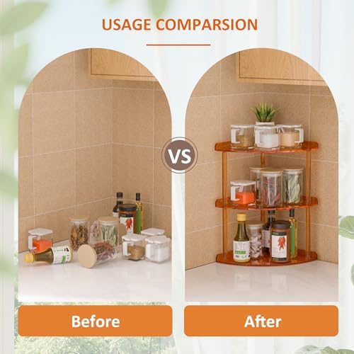 Sezanrpt 3 Tier Acrylic Corner Shelf Organizer Storage 9.5x9.5x15.7 Inch, Orange Countertop Corner Shelf for Bathroom, Kitchen, Bedroom, Office, Study Room