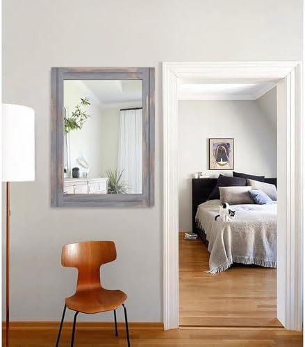 AAZZKANG Wood Framed Mirror Rectangular Rustic Wall Mirrors Decorative Large 26"x18" for Farmhouse Bathroom Living Room Bedroom Grey
