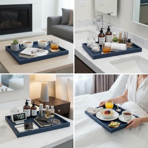 40 * 20 Inch Rectangular Ottoman Tray | Textured PU Leather, Waterproof & Heat-Resistant Storage for Coffee/Dining Tables, Sofa, Bed, Entertainment & Party (Navy Blue, 40 * 20in)