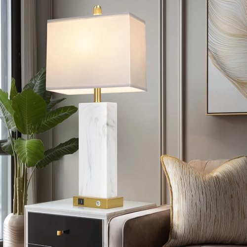 28.5" White Ceramic Lamps Set of 2, 3-Way Touch Control Bedside Table Lamp with USB C+A Ports, Modern Square Lamps for Living Room, Tall Bedroom Lamp for Night stand Side End Table Home Decor
