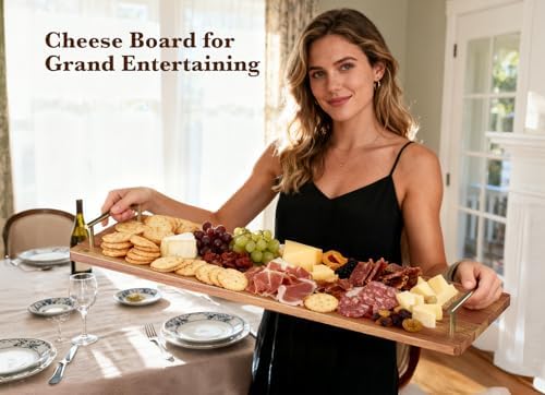 Large Charcuterie Board with Metal Handles – 32" Acacia Wood Serving Board for Cheese, Meat & Appetizers – Extra Long Kitchen Platter for Gatherings, BBQ & Home Decor
