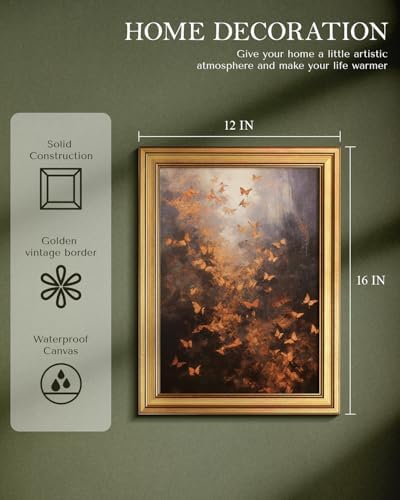 WHASAYART Gold Framed Wall Art for Living Room, Butterflies Painting Prints, Vintage Fall Wall Decor for Kitchen, Bedroom Wall Art for Home Office Free Like Butterflies 16L x 12W
