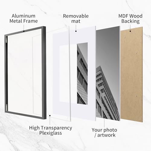 Fun Memories 8x10 Inch Metal Picture Frame - Aluminum Photo Frames - 5x7 Mat - Ideal for Wall or Tabletop Display - Wall Hook Hanging Hardware Included - Grey - Set of 1