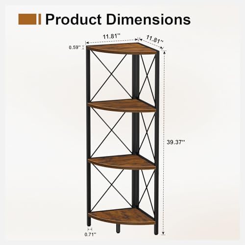 Snughome Rustic Corner Shelf Stand for Desktop, 4 Tier Corner Storage Plant Shelf, Freestanding Corner Shelf Display Rack, Multi-Unit Organizer for Living Room, Home Office, Small Space，Rustic Brown