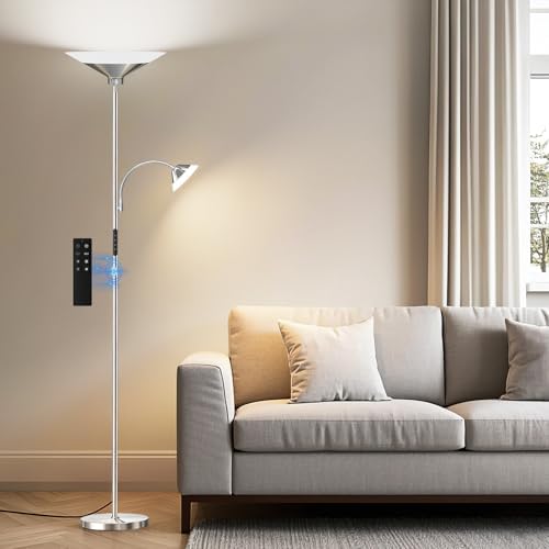 SIBRILLE Metallic Sliver Torchiere Floor Lamp, 2 Way 72'' Dimmable LED Standing lamp with Rmote, Multi Color Temps, 34W Tall Light with Independent Control for Living Room Bedroom Office Reading ﻿
