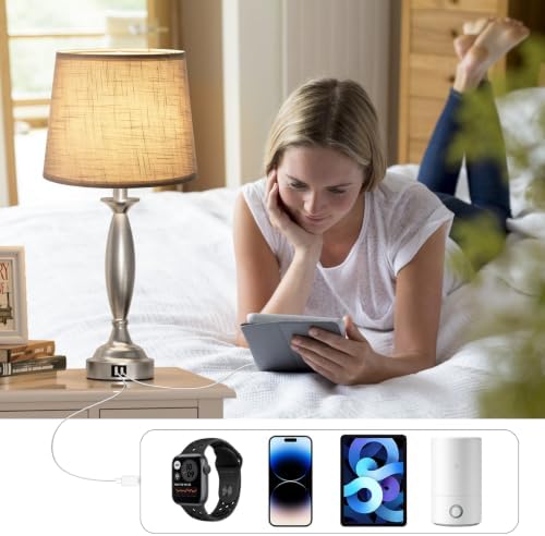 Bedroom Lamps for Nightstand, 3 Way Dimmable Silver Bedside Lamps with USB
