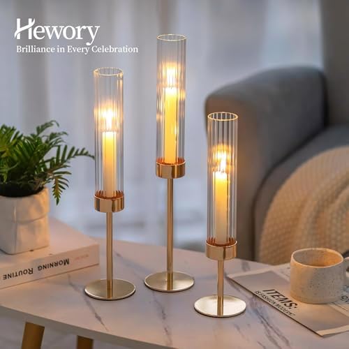 Hewory Gold Taper Candle Holders: Candlestick Holders Set of 3 Hurricane Glass Tall Candle Holder for Candlesticks Candle Sticks Holder Decor for Table Centerpiece Wedding Party Christmas Decorations