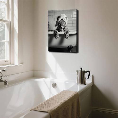 Leopard In Bathtub Canvas Wall Art Trendy Black and White Bathroom Animal Wall Decor Picture FunkyMaximalistLeopard Bathroom Aesthetic Poster Print for Restroom Toilet Decoration 12x16in
