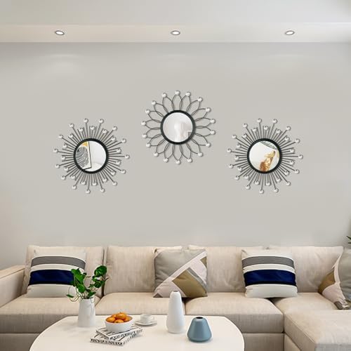 3 Pack Metal Mirrors for Wall Sunburst Wall Mirrors Home Décor Decorative Hanging Wall Art for Living Room Bedroom Entryway (Black Crystal, Flower+Sunburst)