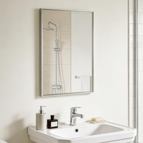 Bathroom Mirror for Wall, 24x16 Inch Framed Vanity Mirror Brushed Nickel | Rectanglar Metal Beveled Framed Mirror for Over Sink, Tempered Glass, Anti-Rust, Hangs Horizontally or Vertically