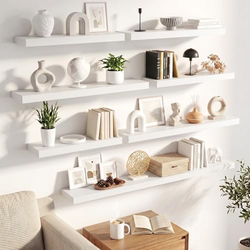 FLYJOE 27.5 Inch Floating Shelves for Wall Set of 2, 6.5" D Wood Grain Bathroom Shelves with Invisible Brackets, Easy Install Engineered Wood Storage Shelves for Kitchen, Living Room, Bedroom
