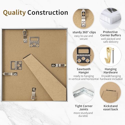 Fun Memories 8x8 Aluminum Picture Frame, Premium Square Photo Frames with Mat for 4x4 or Without Mat for 8 x 8, Simple and Elegant Decor for Wall Mounting, Silver, 1 Pack