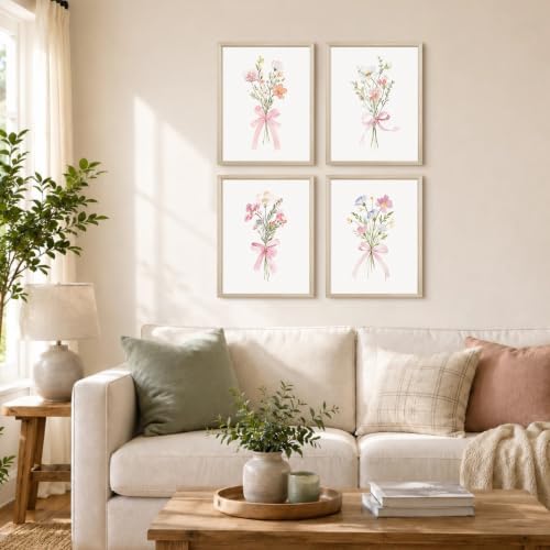 Pink Flower Wall Art Decor Cute Floral Pictures Coquette Bow Girl Prints | Nursery Canvas Wall Art Aesthetic Poster Painting Pink Floral Artwork for Teen Girls Room 12x16 Inch Framed Set of 4