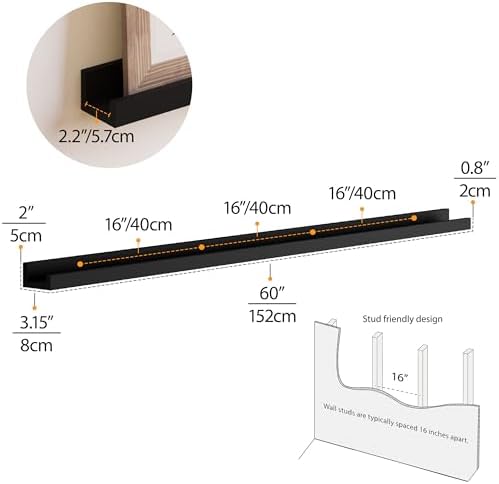 Wallniture Denver 60" Picture Ledge Shelf Set of 2 for Living Room Decor, Black Long Floating Shelves for Dining Room, Hallway, Bedroom Wall Decor