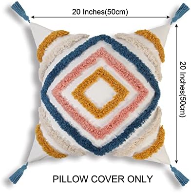 JASEN Throw Pillow Covers 20x20, Boho Pillow Cover with Tassels Woven Tufted Decorative Pillow Cover for Couch Sofa Bedroom Living Room (Blue, 20"x20")