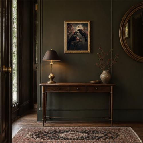 Gold Framed Gothic Raven Wall Art Dark Academia Canvas Art Prints | Vintage Crow Cherry Blossom Paintings Moody Full Moon Pictures Wall Decor Artwork for Living Room Bedroom 8x10in
