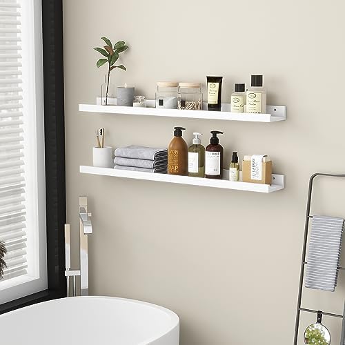 FLYJOE Picture Ledge Shelf for Wall, 36 inch Solid Ash Wood Nursery Book Shelves 2 Packs, Floating Shelves for Kids' Room Bedroom Bathroom Living Room Photo Frames Office Nursey Wall Decor, White