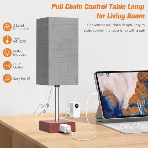 PLMMY Bedside Table Lamp for Bedroom Nightstand, 3 Color Pull Chain Nightstand Lamps Set of 2 with AC Outlets, Square Gray Lampshade Bedside Lamp for Living Room, Office Desk, LED Bulb Included