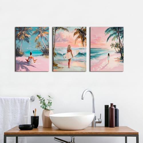 Pink Beach Wall Art Preppy Coastal Wall Decor Surfing Girls Pictures Pink Room Decor for Teen Girls Tropical Ocean Beachy Canvas Painting Aesthetic Artwork Yoga Bedroom Home Decorations 12x16" 3Pcs