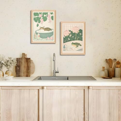 Japanese Cats Frogs Bathroom Wall Art Anime Cute Funny Canvas Print Decor | Set of 2 Wooden Frame Cute Green Kitten in Bathtub Painting Minimalist Zen Picture Wall Decor for Bathroom Kids Room12x16In