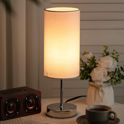 Small Table Lamp for Bedroom Nightstand, Round White Fabric Shade and Silver Metal Base, Modern Minimalist Bedside Lamps for Dresser, End Table, Office, College Dorm, Warm Light, 5W LED Bulb Included
