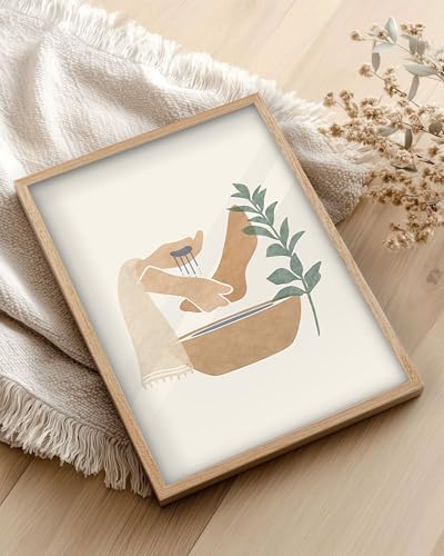 KensTro 12x16 Oak Framed Jesus Washing Feet Boho Christian Wall Art | Natural Oak Wood Frame with Minimalist Foot-Washing Scene, Neutral Faith Decor for Living Room, Bedroom or Prayer Space