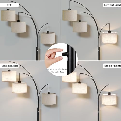 SUNMORY 3 Lights Floor Lamp for Living Room, 78" Tall Standing Lamp with Hanging Drum Shade, Modern Arc Floor Lamps with Heavy Base, Mid Century Arched Tree Floor Lamp for Bedroom, Office, Corner