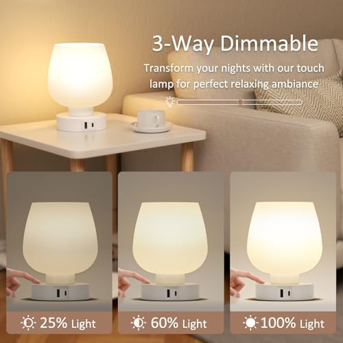 Seealle Touch Table Lamp for Nightstand Set of 2 - Bedside Lamp with USB C+A Charging Ports for Bedroom Living Room Night Stands, Desk Lamp with White Glass Shade for Small Spaces, 3 Way Dimmable