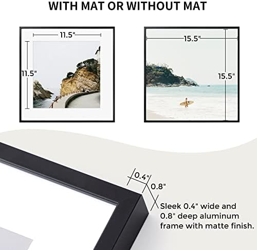 Fun Memories 16x16 Metal Picture Frame with 12x12 Mat, Brushed Aluminum Finish, Tempered Glass Front, and Attached Hanging Hardware - Wall Display Frames for Vertical or Horizontal Set of 3 - Black