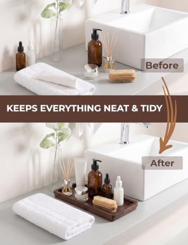 Demigo Bathroom Vanity Tray, Dark Brown Acacia Wood Tray, 11.8 x 5.9 in
