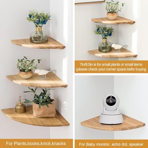 Corner Shelves, Floating Corner Shelf, Set of 2 16inch Solid Oak Wood Wall Shelves, Round End Wall Mount Display Shelf with Wire Hole for Bedroom Kitchen, Living Room (Oak, 16in 2P)